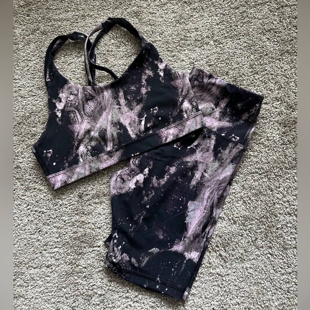 Black and Purple Tie-Dye Sports Bra and Shorts Set